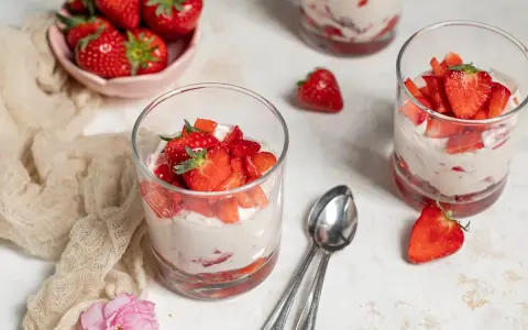 Erfrischendes Erdbeer Quark Dessert in Gläsern, garniert mit frischen Erdbeeren. Ein leichter Genuss für warme Tage.