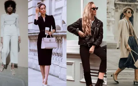 Quatre femmes présentent différents styles vestimentaires : blanc monochrome, robe noire élégante, perfecto rock, et tenue chic avec béret.