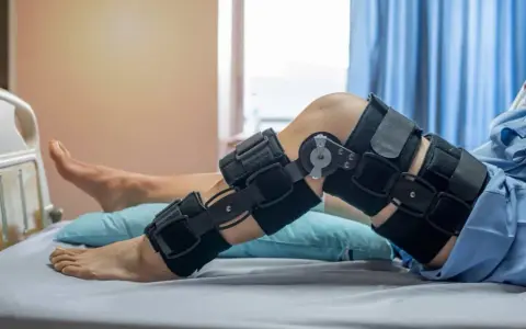 Pacjent w orteza kolana leży w łóżku. Orteza jest noszona bezpośrednio na skórze, a nie na spodniach.