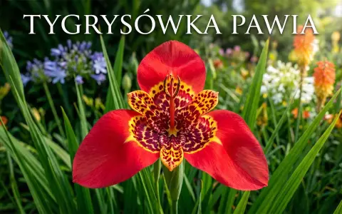 Tygrysówka pawia, z czerwonymi płatkami i cętkowanym wnętrzem, kwitnie wśród zieleni i innych barwnych kwiatów.