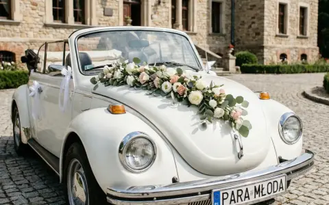 Biały kabriolet udekorowany kwiatami i wstążkami, zaparkowany przed kamiennym budynkiem.