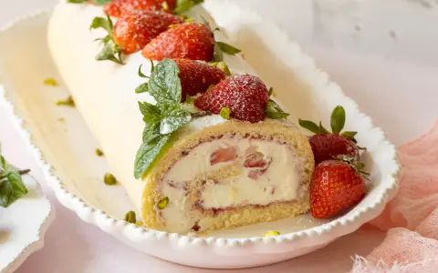 Eine köstliche Erdbeer Biskuitrolle, verziert mit frischen Erdbeeren, Minze und Pistazien, auf einem weißen Teller.