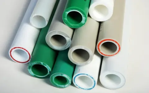 Różne rury plastikowe, białe, zielone i beżowe, z kolorowymi pierścieniami przy końcach, pokazujące metody łączenia rur plastikowych.