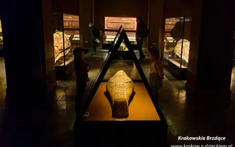 W muzeum archeologicznym w Krakowie dzieci oglądają starożytną mumię w sarkofagu.