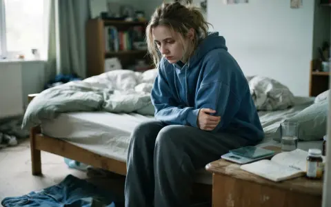 Ragazza seduta sul letto, pensierosa, con bilancia e diario sul comodino. Potrebbe riflettere le **anoressia cause madre** e le difficoltà emotive.