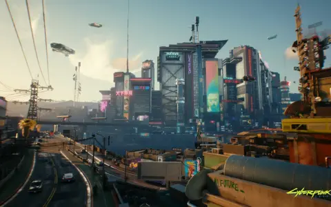 Ciudad futurista con rascacielos iluminados por neón, vehículos voladores y un ambiente de nivel máximo cyberpunk.
