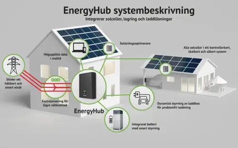 Illustrerar ett EnergyHub-system med solceller, batterilagring och laddbox. Ett kopplingsschema visar hur systemet integrerar solceller för smart elnät och laddning.