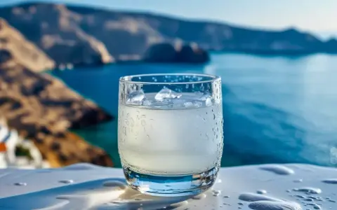 Szklanka orzeźwiającego ouzo z lodem, idealna na greckie wakacje. Zastanawiasz się, ouzo ile ma procent? Zazwyczaj 40-50%.