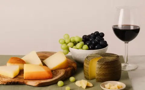 Käseplatte mit verschiedenen Käsesorten, Trauben und einem Glas Rotwein. Was bedeutet Primitivo bei Wein? Oft ein vollmundiger, fruchtiger Rotwein, der gut zu Käse passt.