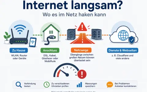 Illustration zeigt Ursachen für langsame Internetverbindung: WLAN-Router, Anschluss, Netzwege, Dienste. Hilft bei der Diagnose der verbindungsgeschwindigkeit wlan.