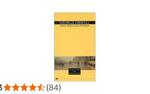 Copertina di "Una boccata d'aria" di George Orwell, con un'illustrazione di una strada cittadina nebbiosa e carrozze.