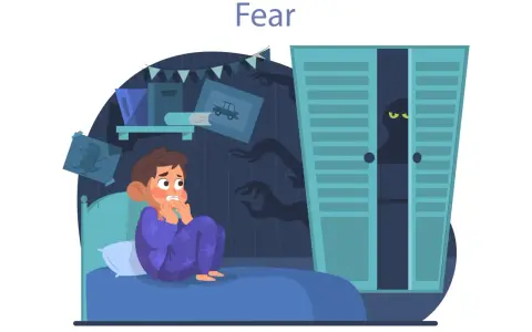 Ein Junge im Bett, ängstlich wegen Schatten und einem Monster im Schrank. Illustration zum Thema Umgang mit Angst bei Kindern.