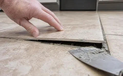Dłoń sprawdza luźną płytkę, pod którą widać dziurę w płytce podłogowej i resztki zaprawy.