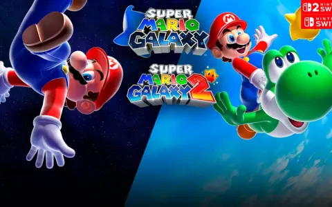Mario Bros. y Yoshi vuelan por el espacio y el cielo, promocionando Super Mario Galaxy y Super Mario Galaxy 2 para Nintendo Switch.