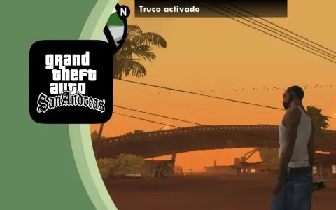CJ en San Andreas, con el logo del juego y el mensaje "Truco activado". Descubre los mejores trucos GTA San Andreas movil.