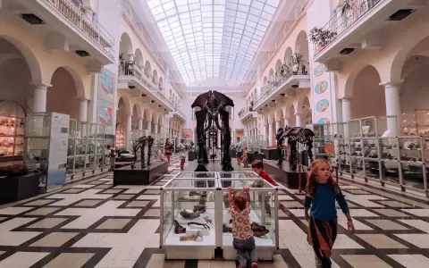 Dzieci zwiedzają muzeum dla dzieci, podziwiając szkielety prehistorycznych zwierząt i wystawy w gablotach.