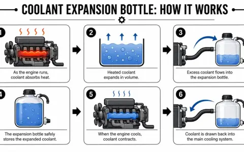 Diagram shows how coolant absorbs engine heat, expands, flows to an expansion bottle, and returns as the engine cools.