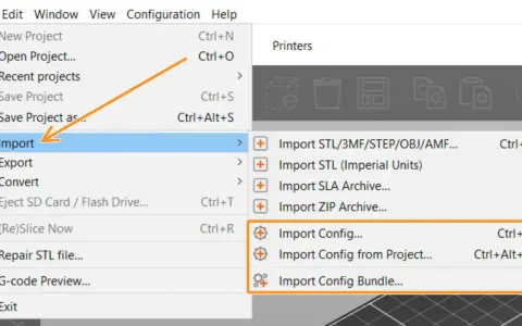 Menu "Import" w slicerze Prusa, z podświetloną opcją "Import Config...".
