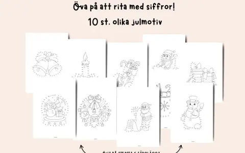 Jul ritningar med siffror för att öva på att rita 10 olika julmotiv, som snögubbar, tomtar och presenter.