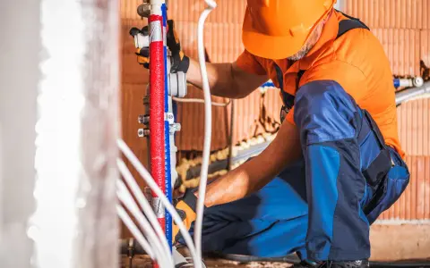 Instalator w pomarańczowym kasku pracuje nad rozprowadzeniem wody w domu, łącząc czerwone i niebieskie rury.