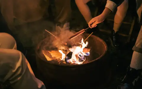 Kinder machen Feuer und rösten Würstchen über der Flamme.