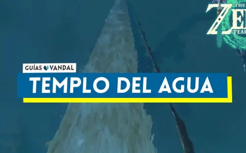 El templo del agua en Zelda Tears of the Kingdom se alza imponente, una cascada gigante que desafía la gravedad.