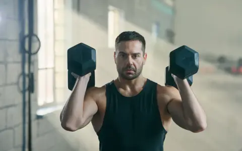 Mann hebt Hanteln im Fitnessstudio. Geduld ist der Schlüssel, wenn man fragt: Muskelaufbau wann sichtbar?