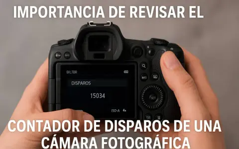 El contador de disparos de una cámara fotográfica muestra 15034. Es importante revisar cuántos disparos dura una cámara.