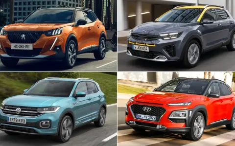 Cuatro tipos de coche modernos: un Peugeot naranja, un Kia gris y amarillo, un Volkswagen azul y un Hyundai rojo.