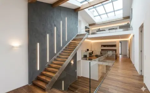 Nowoczesne oświetlenie schodowe LED podkreśla drewniane stopnie i szklane balustrady. Inspiracja, jak podłączyć oświetlenie schodowe.