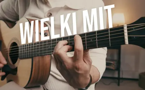 Ręce grające na gitarze, tekst "WIELKI MIT" sugeruje, że samodzielna nauka gry na gitarze jest możliwa.
