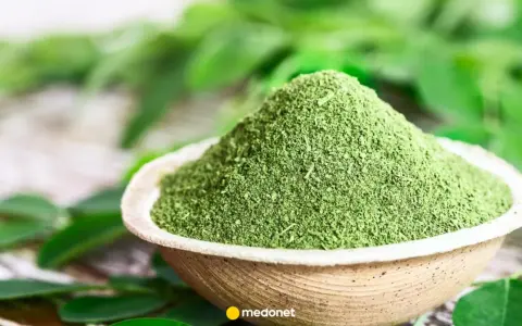 Zielony proszek z liści moringa w miseczce, otoczony świeżymi liśćmi. Odkryj niezwykłe liście moringa właściwości.