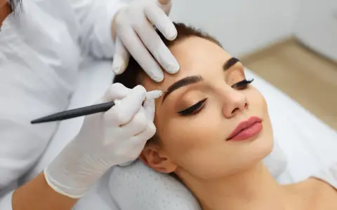 Une esthéticienne crée des sourcils brossés vers le haut sur une cliente, perfectionnant son regard avec précision.