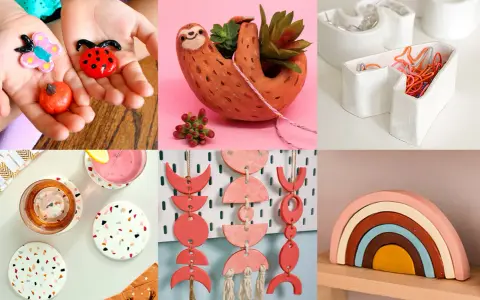 Créations en **diy argile autodurcissante** : porte-plante paresseux, sous-verres terrazzo, décorations murales et arc-en-ciel.