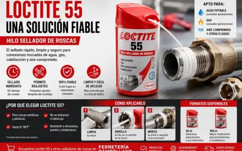 Loctite 55: hilo sellador para conexiones de agua, gas y calefacción. Fácil de aplicar, evita fugas. ¡La solución fiable que buscas!