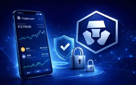 Telefon z aplikacją Crypto.com pokazuje saldo i wykresy kryptowalut. Obok logo Crypto.com i symbol bezpieczeństwa.