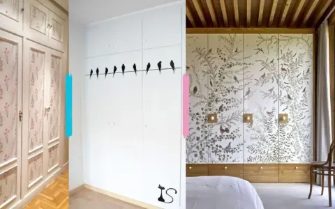 Armarios empotrados con diseños florales y de pájaros, perfectos para forrar armario empotrado con estilo.