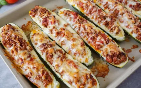 Gefüllte Zucchini-Hälften mit Hackfleisch und Käse überbacken – ein Beweis für die besten Zucchini Rezepte.