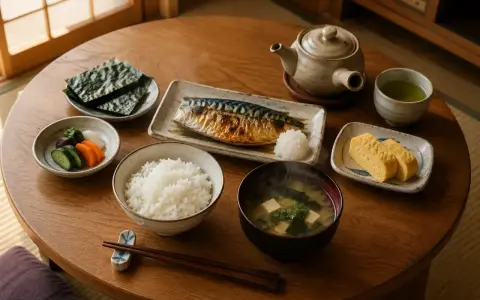 Tradycyjny posiłek w stylu japońskim: ryż, grillowana makrela, zupa miso, tamagoyaki, marynowane warzywa i nori.