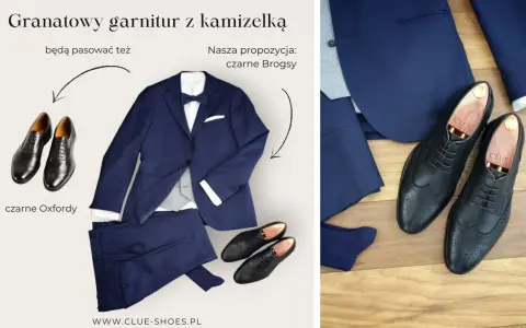 Granatowy garnitur z kamizelką i czarne Brogsy – idealne połączenie. Jakie buty do granatowego garnituru? Brogsy lub Oxfordy.
