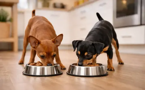 Deux pinschers nains mangent dans leurs gamelles. La quantité de nourriture est adaptée à leur petite taille.