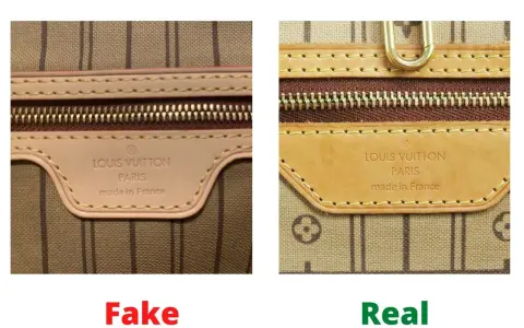 Confronto tra un'etichetta Louis Vuitton falsa e una originale. La dicitura "made in France" è corretta, ma la qualità della pelle e la stampa rivelano la differenza.
