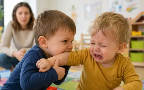 Dziecko gryzie ramię innego dziecka, które płacze. Nauczycielka z tyłu zastanawia się, dlaczego dziecko błaznuje.