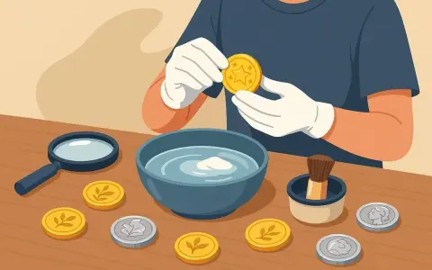Comment faire briller une pièce de monnaie : une personne avec des gants tient une pièce dorée, près d'un bol d'eau, d'une loupe et d'autres pièces.