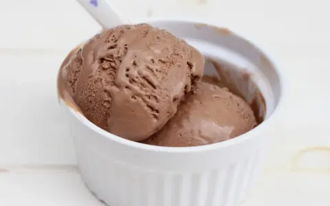 Dos bolas de cremoso helado de chocolate derritiéndose en un cuenco blanco.