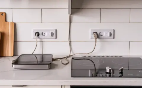 Prises électriques murales, une pour une plaque vitrocéramique, l'autre pour un appareil de cuisson portable. Le disjoncteur est visible sur la prise de la plaque.