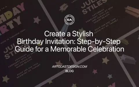 Una invitación de cumpleaños con un diseño moderno y estrellas. Aprende a crear la tuya.
