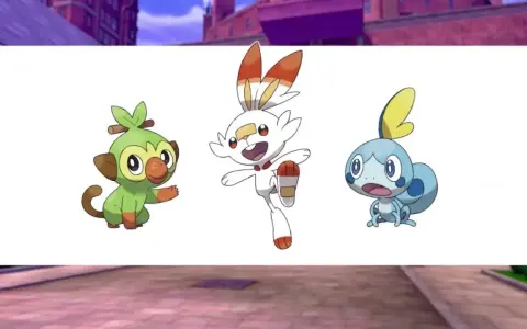 Los tres iniciales Pokémon Espada: Grookey, Scorbunny y Sobble, listos para la aventura.