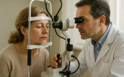 Oculista esegue trattamento laser SLT su paziente. Si discute delle controindicazioni per la salute oculare.