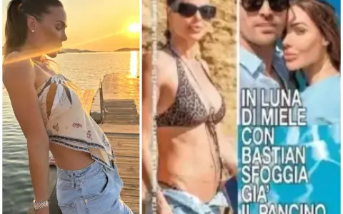 Ilary Blasi incinta, in luna di miele con Bastian, sfoggia il pancino al tramonto.